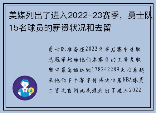 美媒列出了进入2022-23赛季，勇士队15名球员的薪资状况和去留